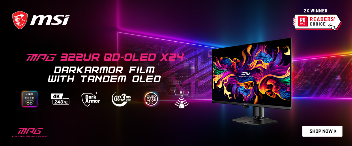 MSI MPG 322UR QD-OLED X24; Darkarmor Film with Tandem OLED; 2X Winner of PC MAG Readers' Choice Award - SHOW NOW